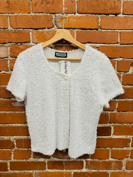 White Fuzzy Single Button Top