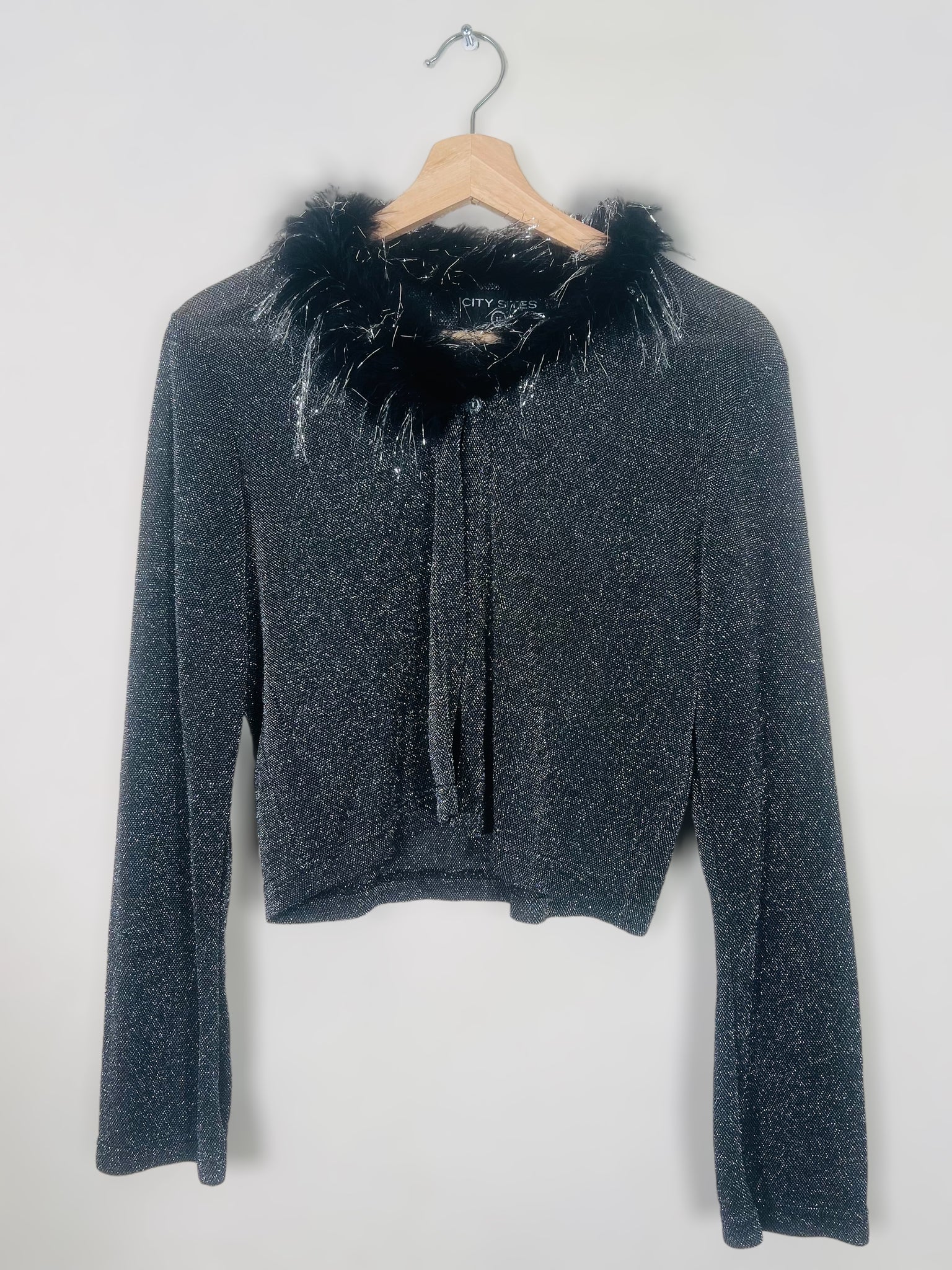 Glitter Cardigan with Feather Neckline