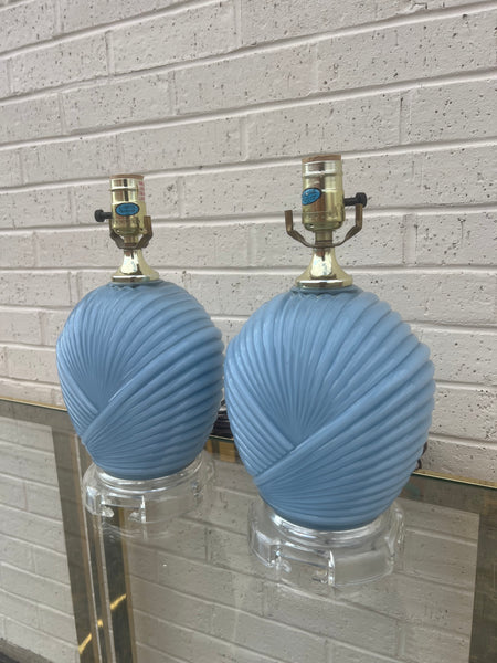 Light Blue Pleated Glass Lamps with Lucite Bases