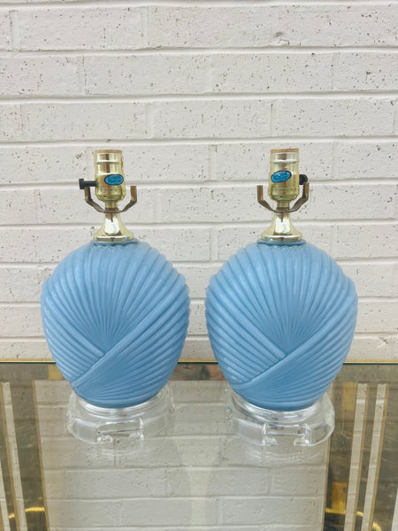 Light Blue Pleated Glass Lamps with Lucite Bases