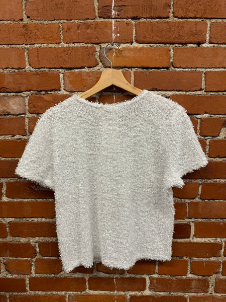 White Fuzzy Single Button Top