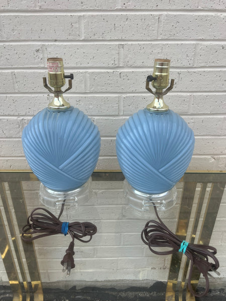 Light Blue Pleated Glass Lamps with Lucite Bases