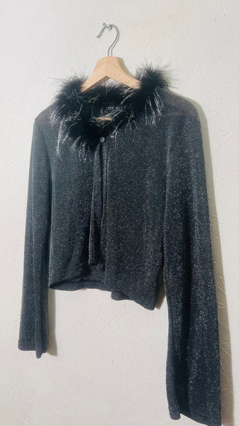 Glitter Cardigan with Feather Neckline