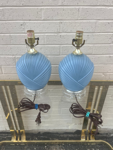 Light Blue Pleated Glass Lamps with Lucite Bases