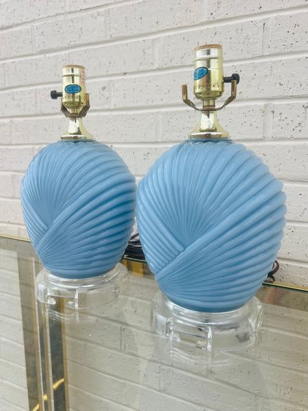 Light Blue Pleated Glass Lamps with Lucite Bases